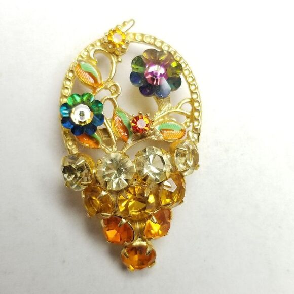 Vintage Rhinestone Basket of Flowers Yellow and Gold Tone, Floral Estate - Picture 5 of 6